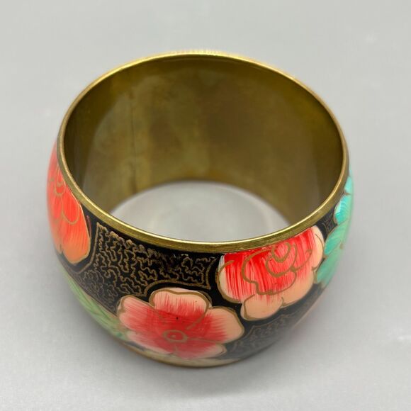 Brass Bangle Bracelet Hand Painted Floral Enamel Wide Boho Retro Vintage Style - Picture 3 of 9